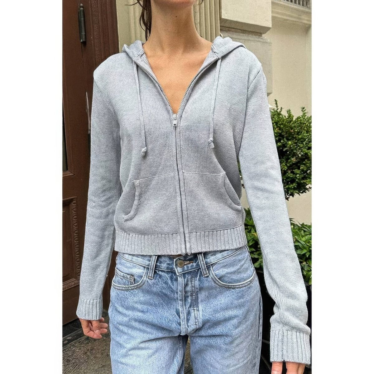 Men's Solid Ribbed Knit Hoodie with Zipper Pockets - AMVIM