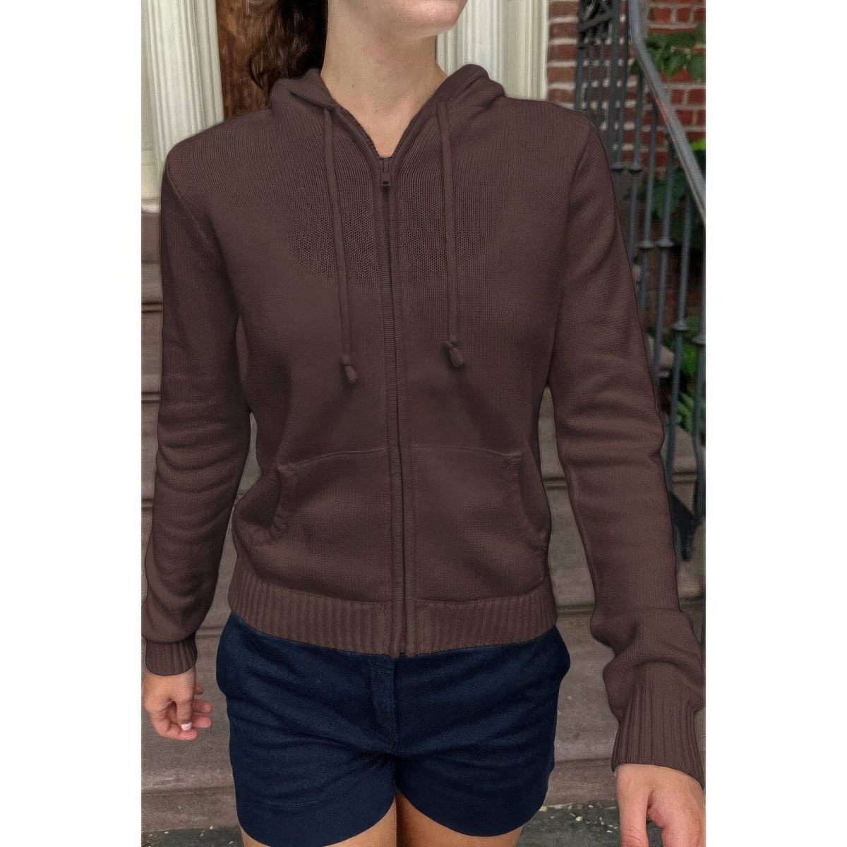 Men's Solid Ribbed Knit Hoodie with Zipper Pockets - AMVIM