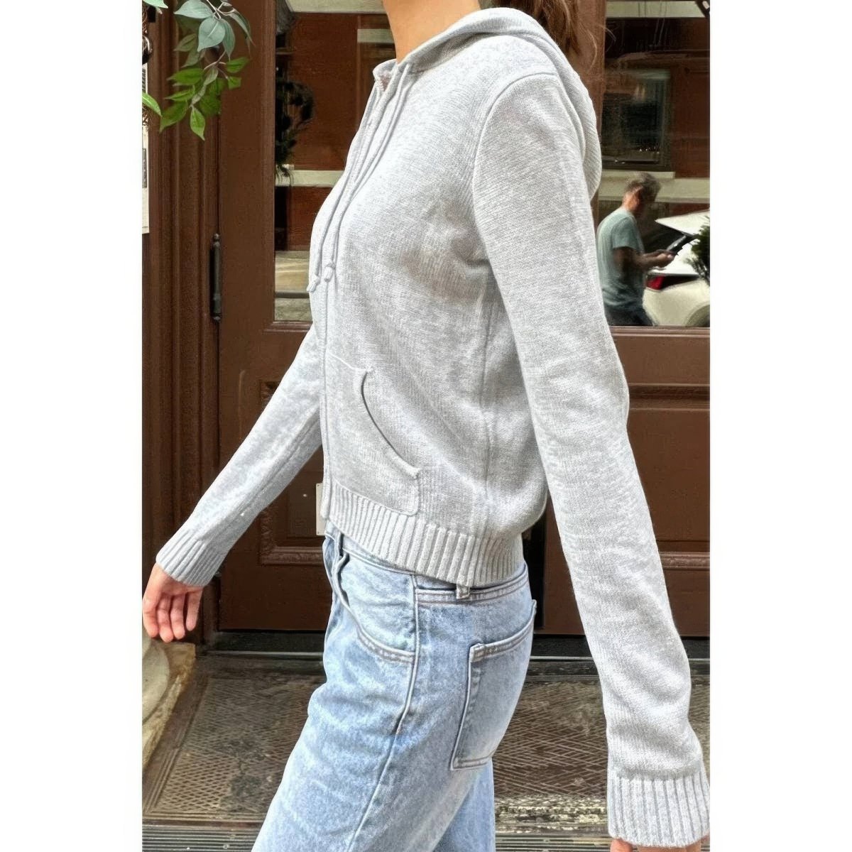 Men's Solid Ribbed Knit Hoodie with Zipper Pockets - AMVIM