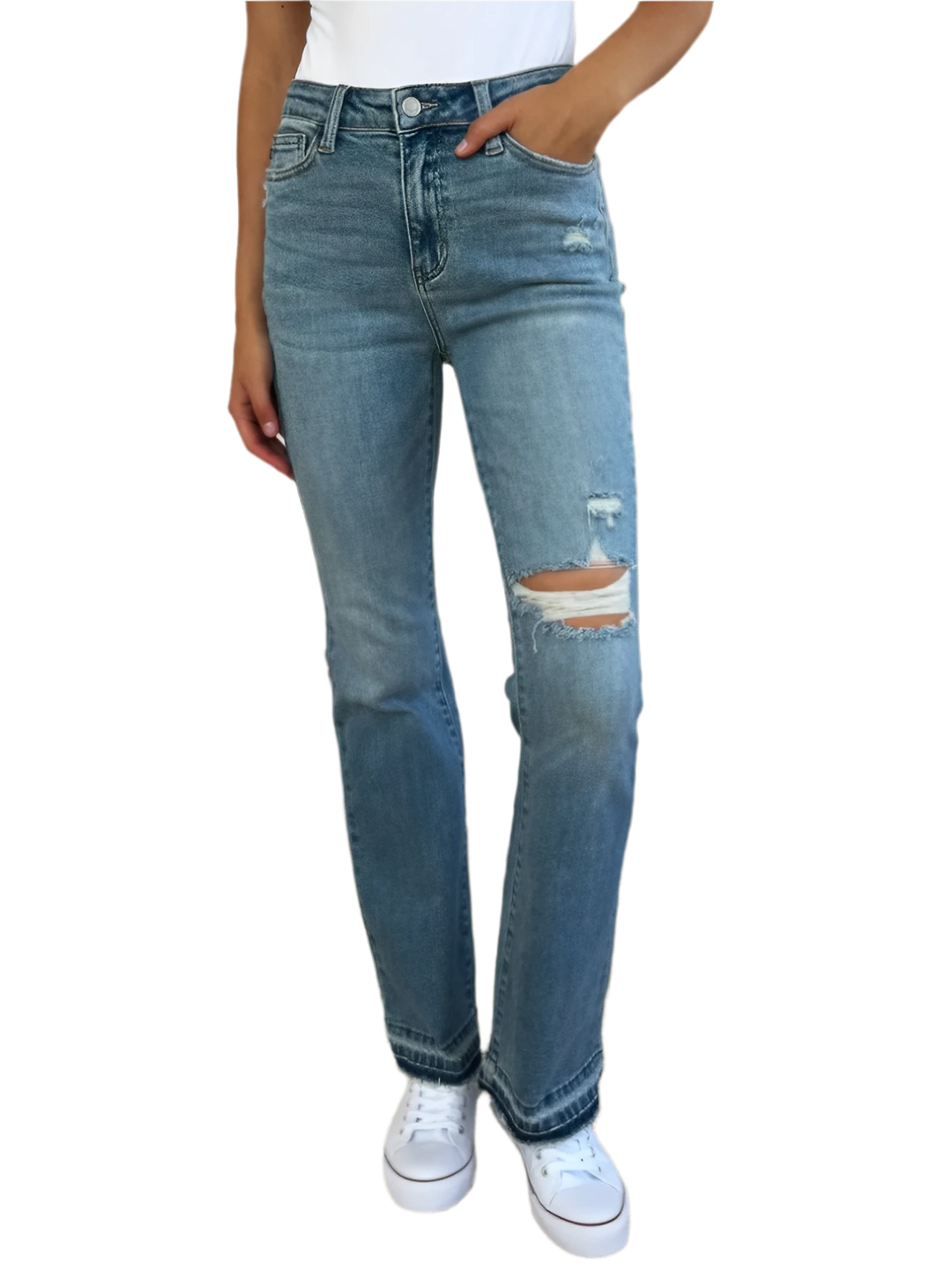Mid Rise Destroyed Hem Distressed Jeans for Women - AMVIM