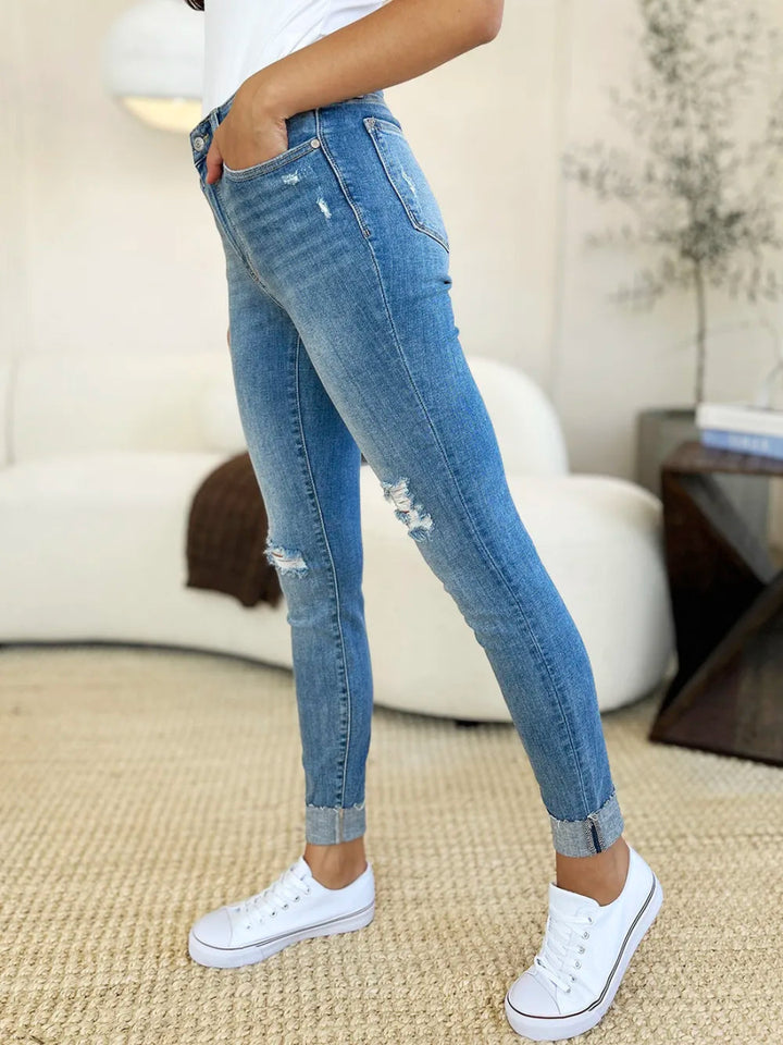 Mid Rise Distressed Cuffed Skinny Jeans with Flattering Fit Design - AMVIM