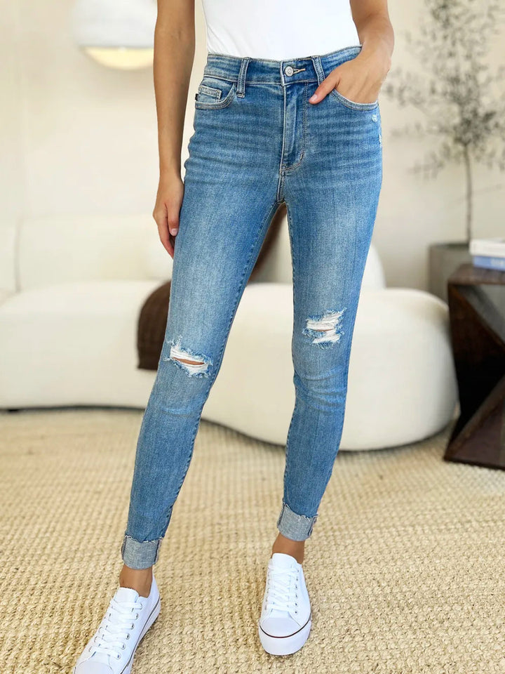 Mid Rise Distressed Cuffed Skinny Jeans with Flattering Fit Design - AMVIM
