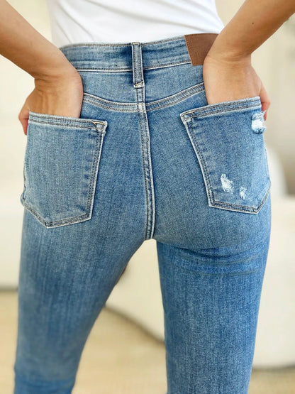 Mid Rise Distressed Cuffed Skinny Jeans with Flattering Fit Design - AMVIM