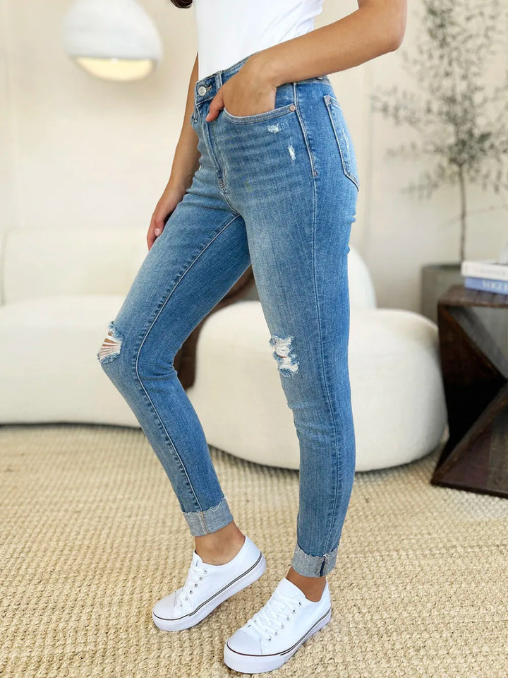 Mid Rise Distressed Cuffed Skinny Jeans with Flattering Fit Design - AMVIM