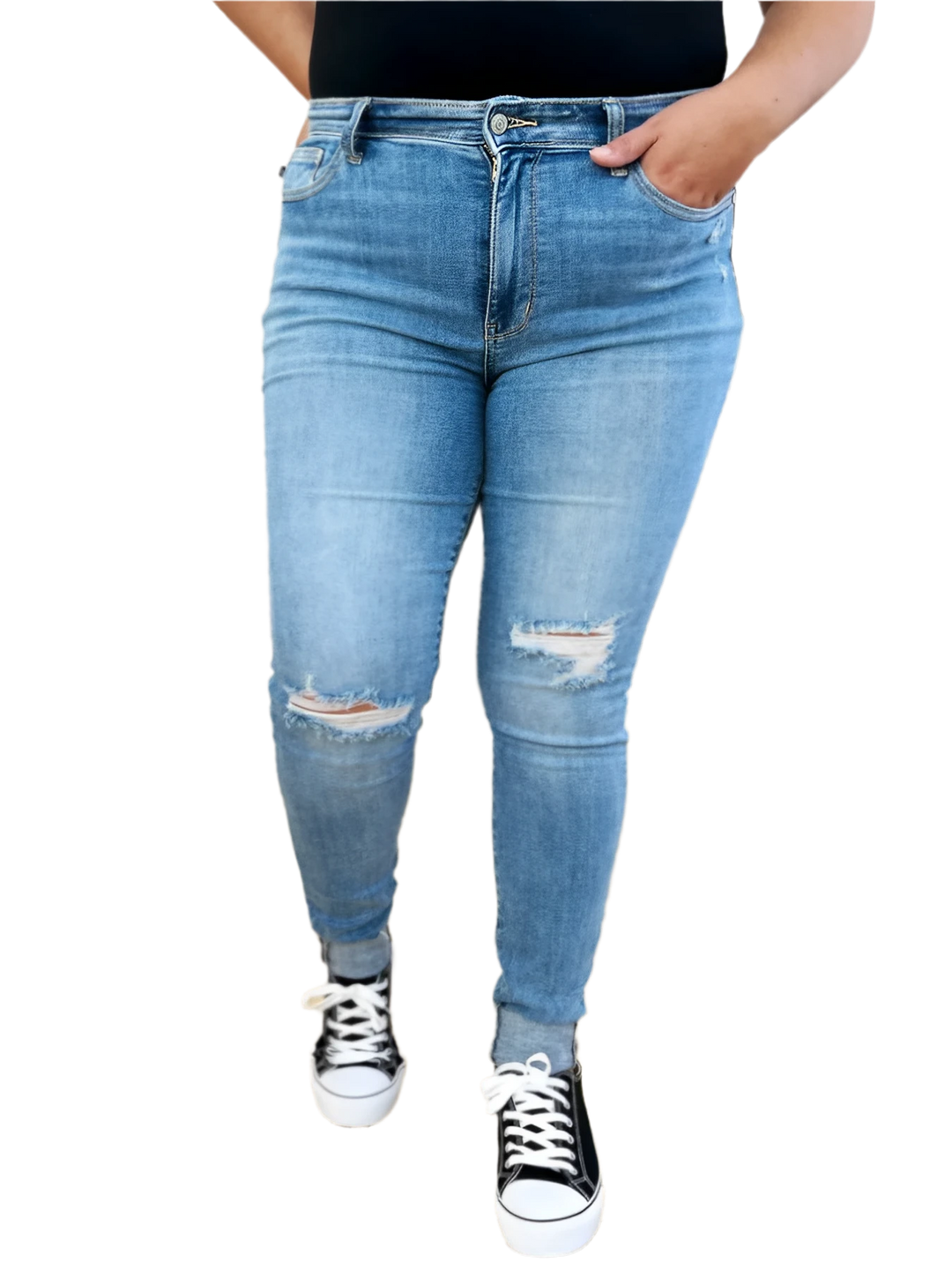 Mid Rise Distressed Cuffed Skinny Jeans with Flattering Fit Design - AMVIM