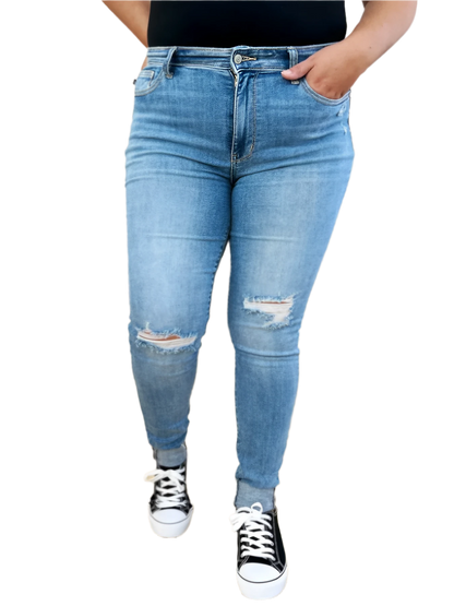 Mid Rise Distressed Cuffed Skinny Jeans with Flattering Fit Design - AMVIM