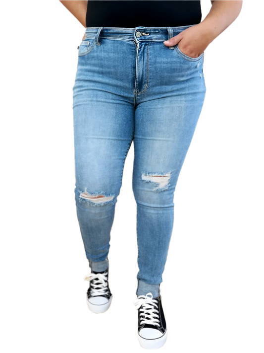 Mid Rise Distressed Cuffed Skinny Jeans with Flattering Fit Design - AMVIM