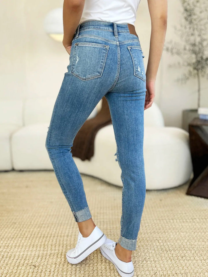 Mid Rise Distressed Cuffed Skinny Jeans with Flattering Fit Design - AMVIM