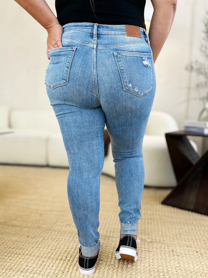 Mid Rise Distressed Cuffed Skinny Jeans with Flattering Fit Design - AMVIM