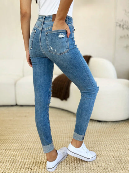 Mid Rise Distressed Cuffed Skinny Jeans with Flattering Fit Design - AMVIM