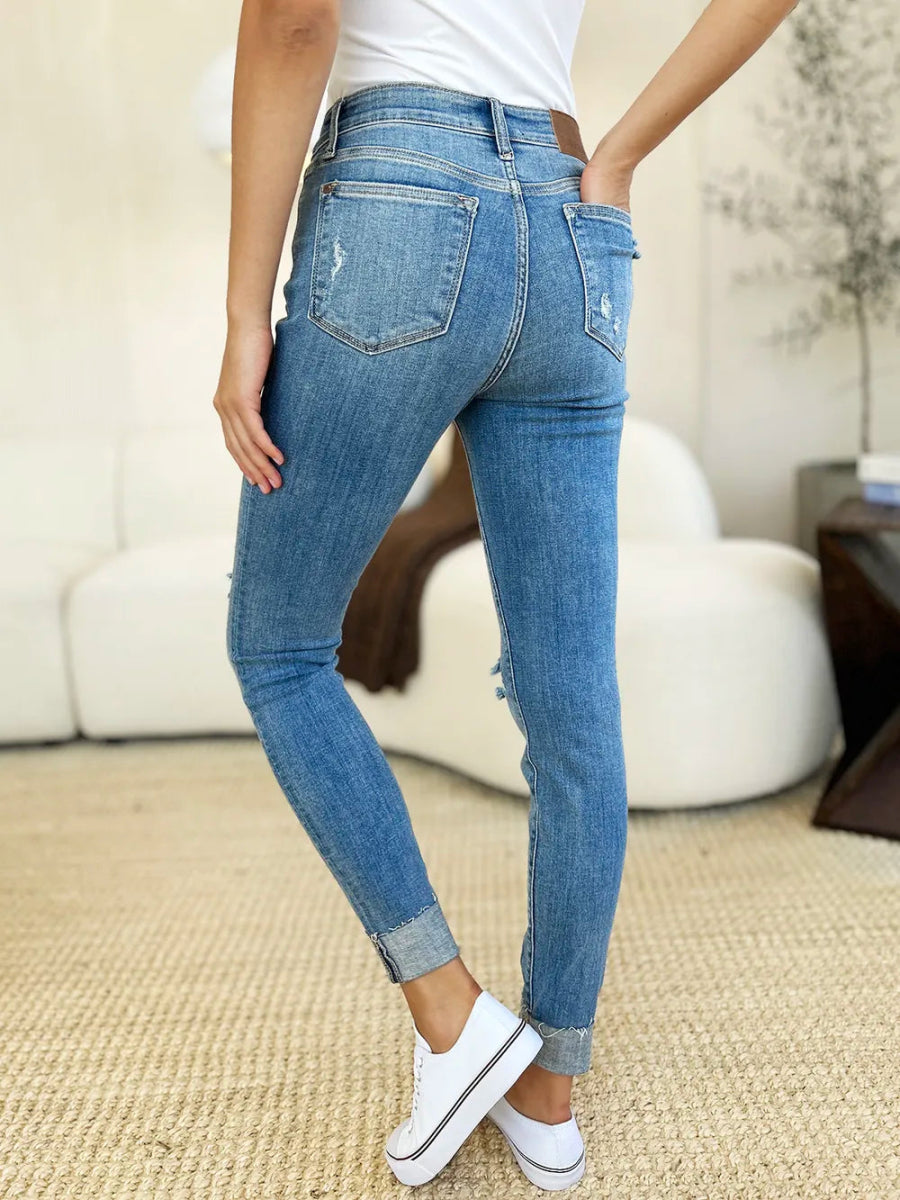 Mid Rise Distressed Cuffed Skinny Jeans with Flattering Fit Design - AMVIM