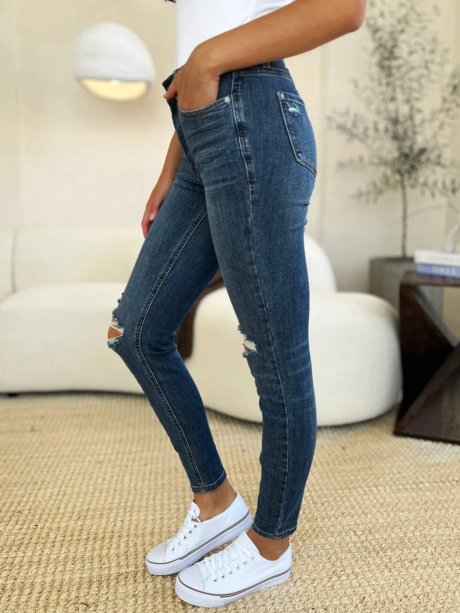 Mid Waist Distressed Slim Fit Denim Jeans for Women - AMVIM