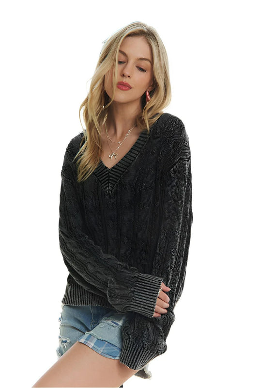 Mineral Washed Cable Knit Sweater – Relaxed V - Neck Pullover - AMVIM