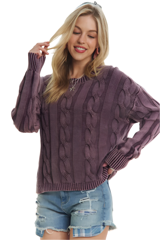 Mineral Washed Cable Knit Sweater Top Oversized Fit - AMVIM