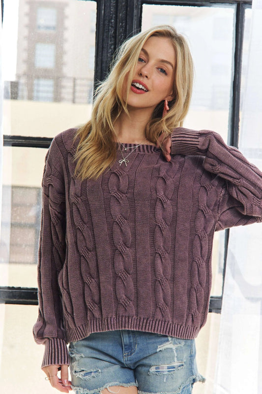 Mineral Washed Cable Knit Sweater Top Oversized Fit - AMVIM