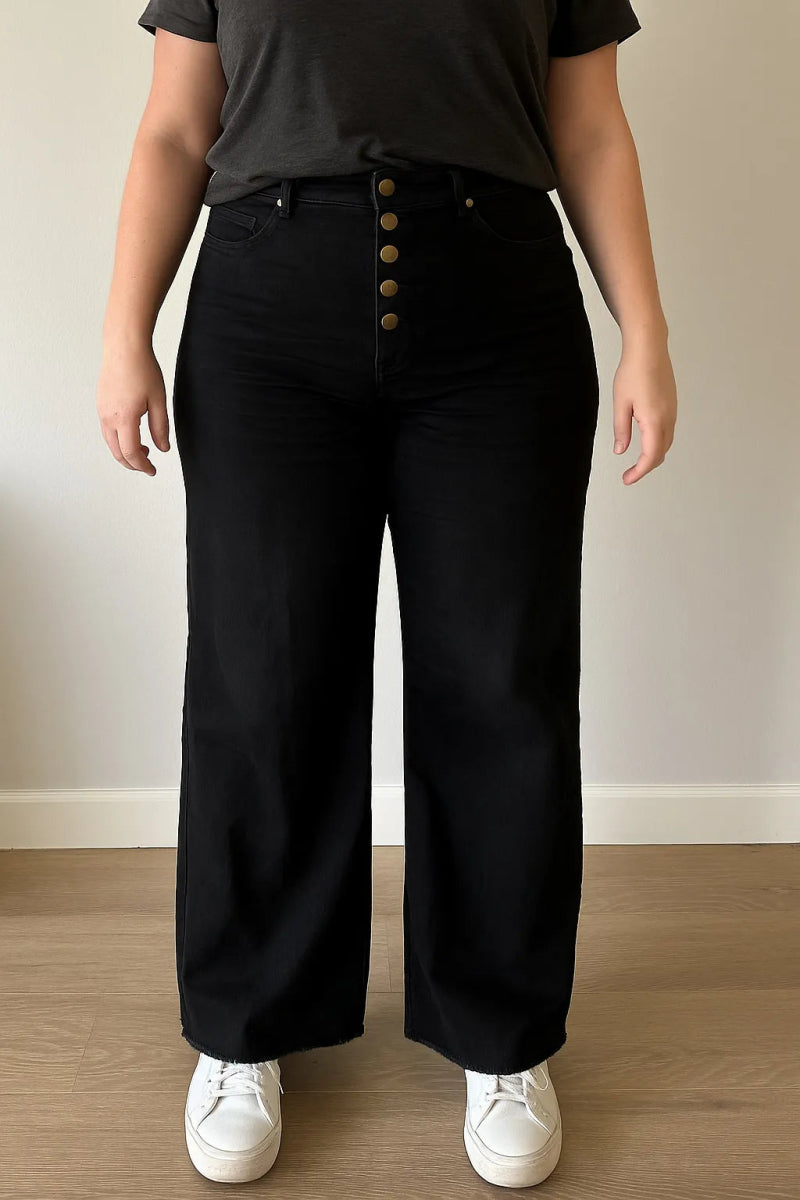 Mittoshop Twill High Waisted Button Fly Wide Leg Pants - AMVIM