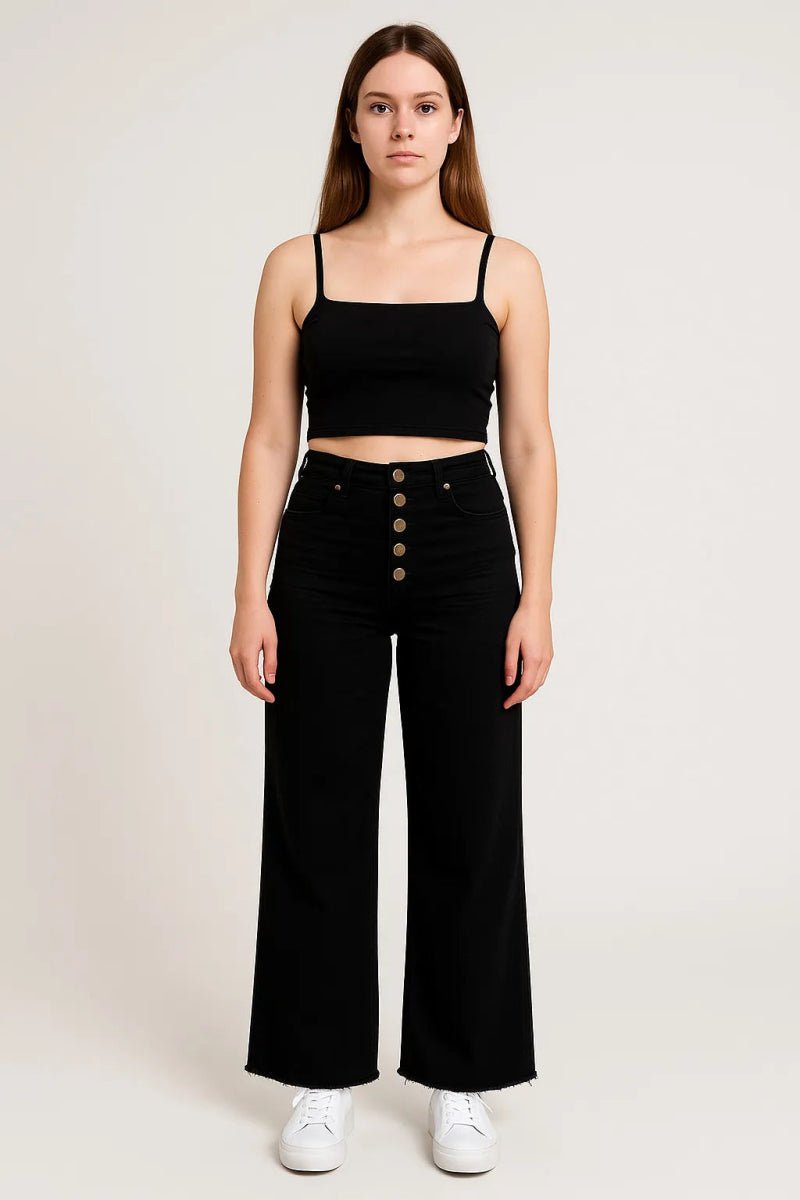 Mittoshop Twill High Waisted Button Fly Wide Leg Pants - AMVIM
