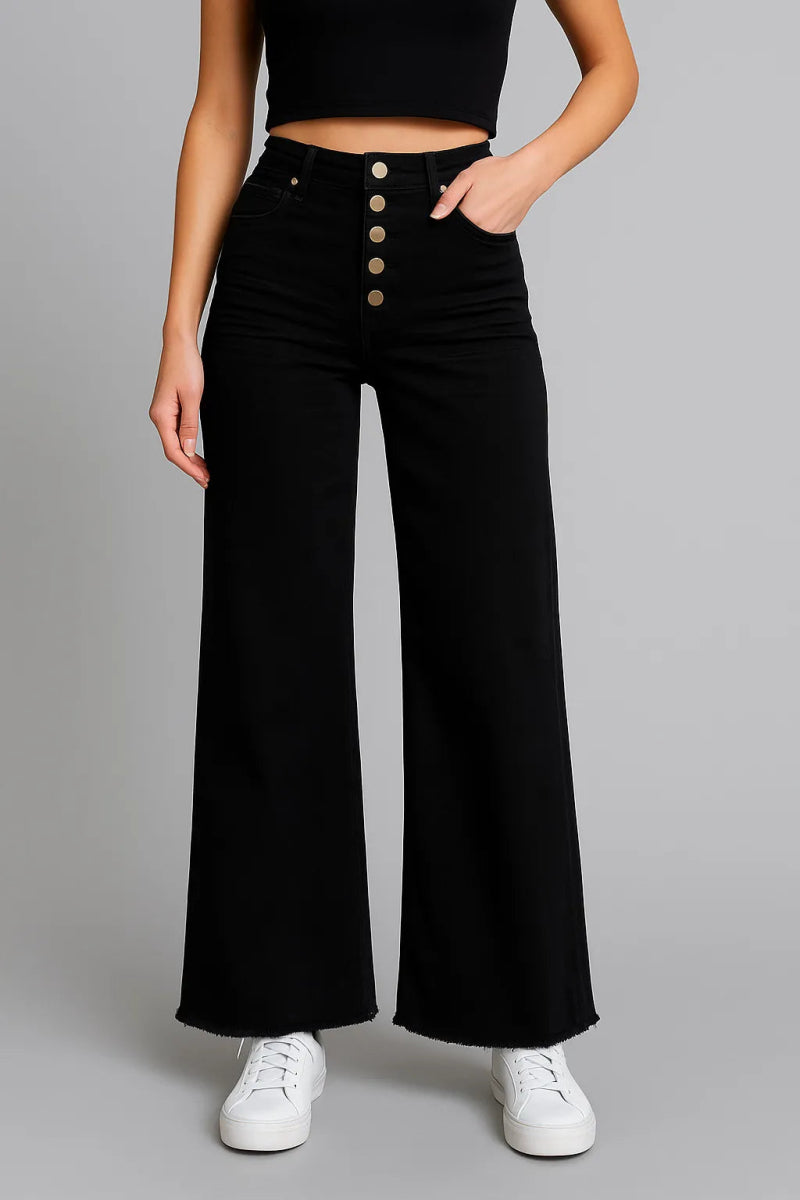Mittoshop Twill High Waisted Button Fly Wide Leg Pants - AMVIM