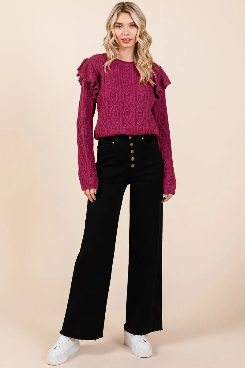 Mittoshop Twill High Waisted Button Fly Wide Leg Pants - AMVIM