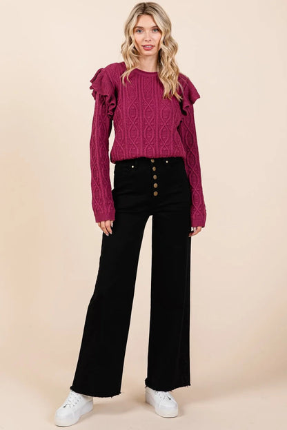 Mittoshop Twill High Waisted Button Fly Wide Leg Pants - AMVIM