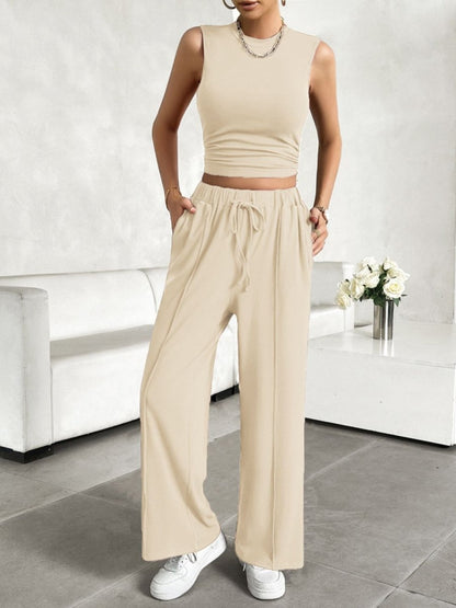 Mock Neck Sleeveless Top and Drawstring Pants Set - AMVIM