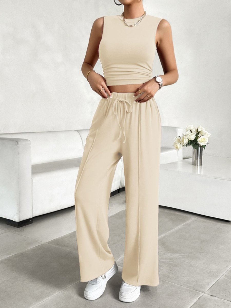 Mock Neck Sleeveless Top and Drawstring Pants Set - AMVIM