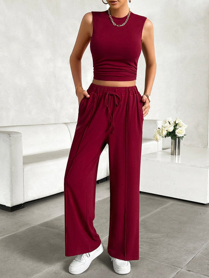 Mock Neck Sleeveless Top and Drawstring Pants Set - AMVIM