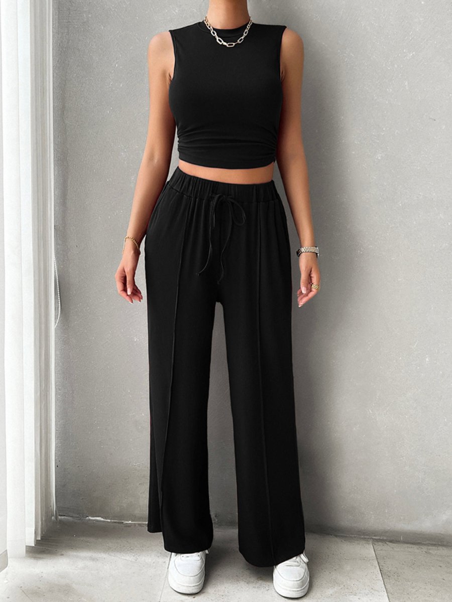 Mock Neck Sleeveless Top and Drawstring Pants Set - AMVIM