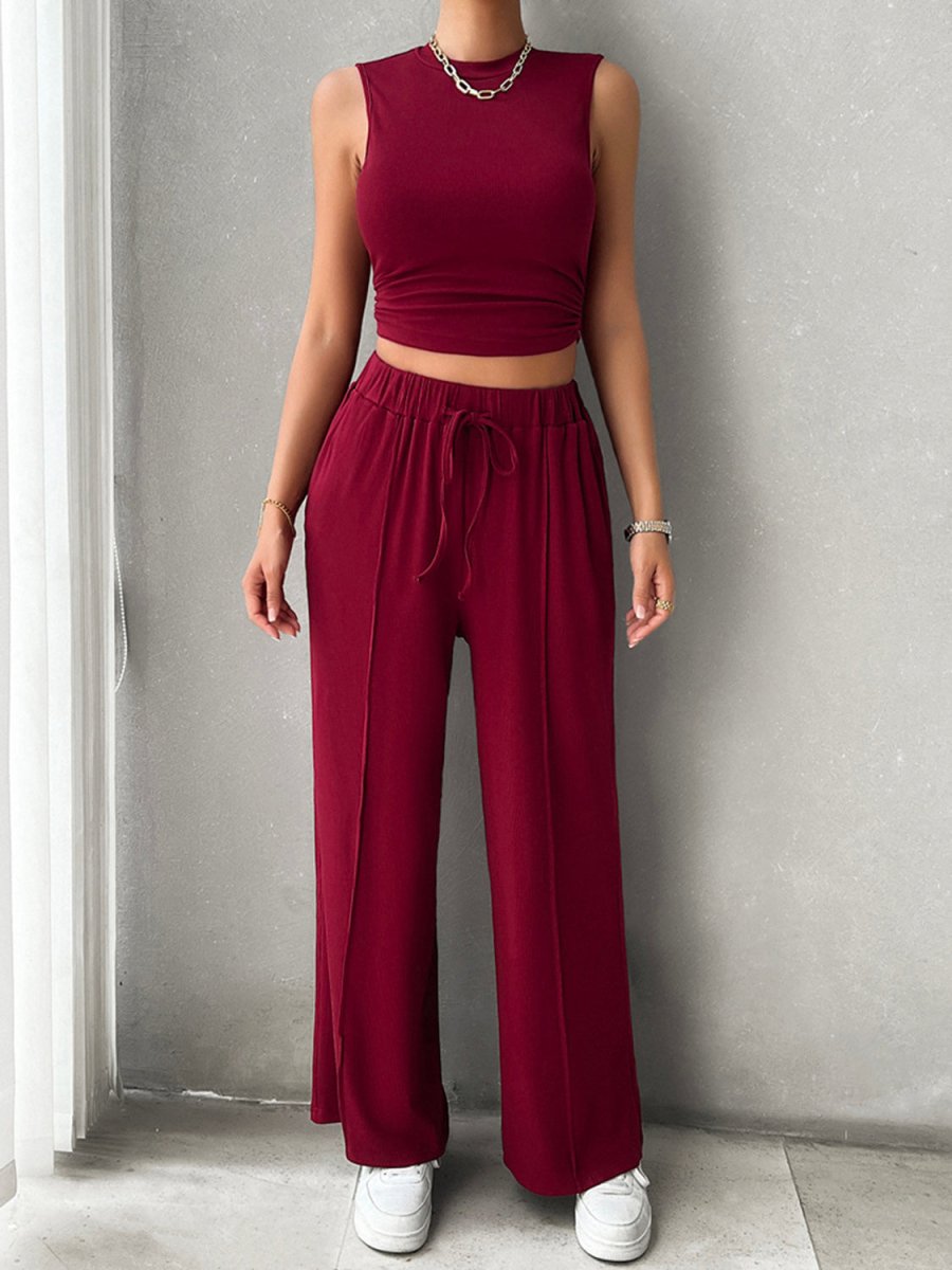 Mock Neck Sleeveless Top and Drawstring Pants Set - AMVIM