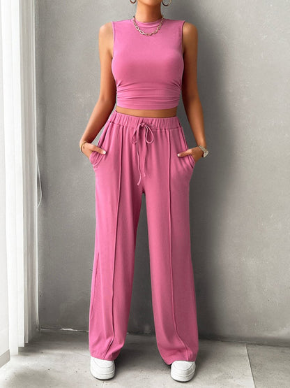 Mock Neck Sleeveless Top and Drawstring Pants Set - AMVIM