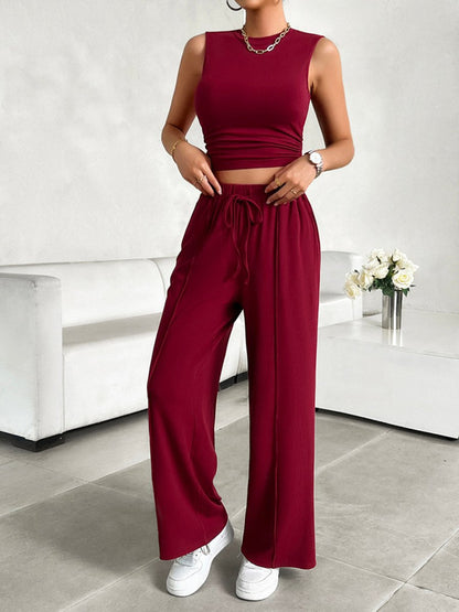 Mock Neck Sleeveless Top and Drawstring Pants Set - AMVIM