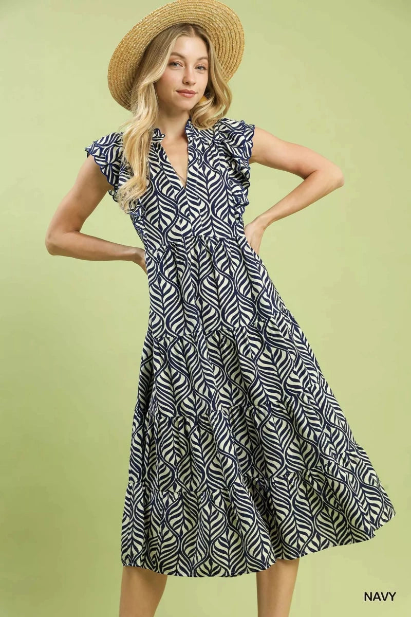 Navy Leaf Print V - Neck Tiered Midi Dress - Ruffle Detail Women's Wedding Guest Garden Party Dress - AMVIM