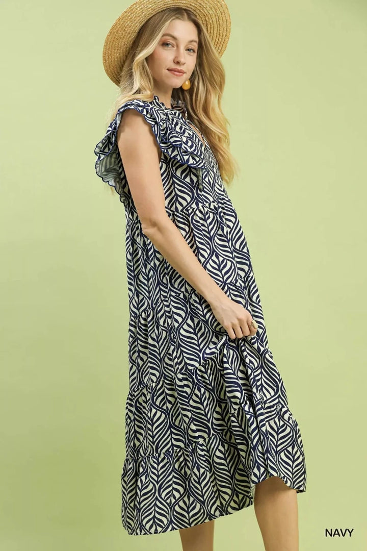 Navy Leaf Print V - Neck Tiered Midi Dress - Ruffle Detail Women&