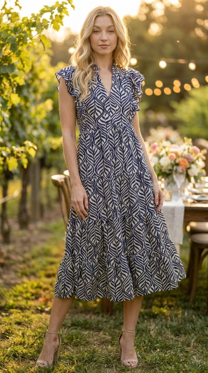 Navy Leaf Print V - Neck Tiered Midi Dress - Ruffle Detail Women&