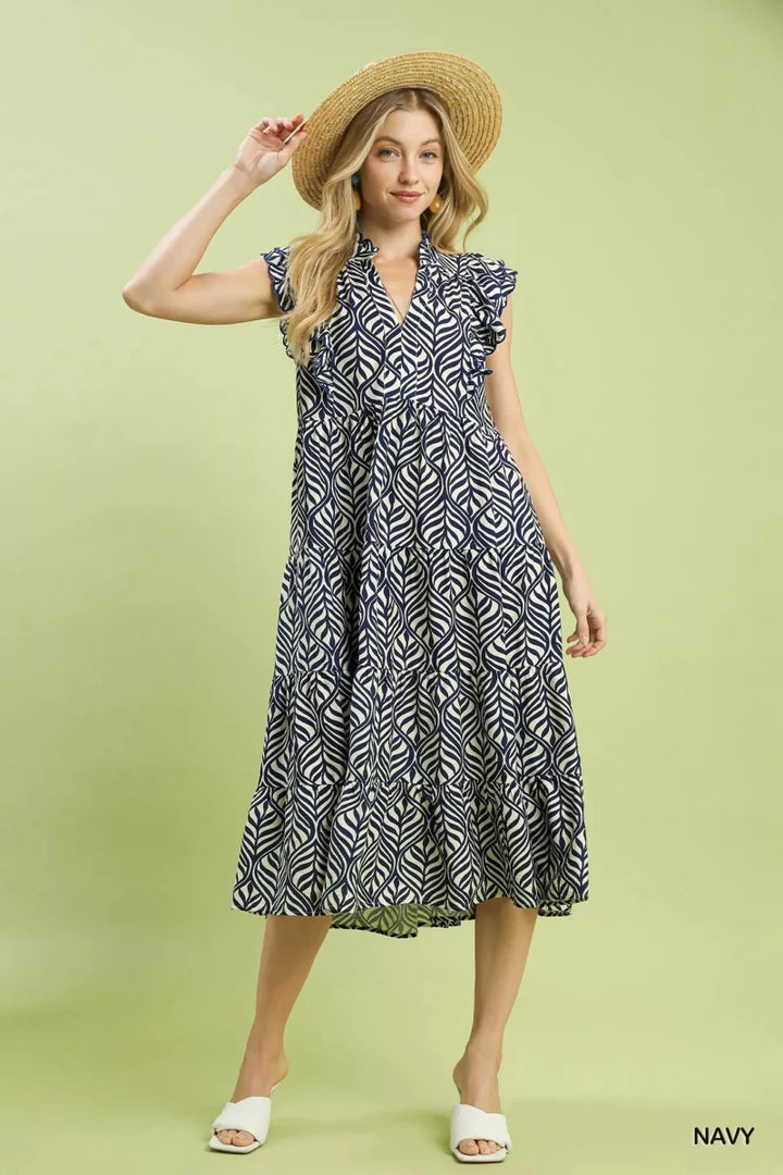 Navy Leaf Print V - Neck Tiered Midi Dress - Ruffle Detail Women&