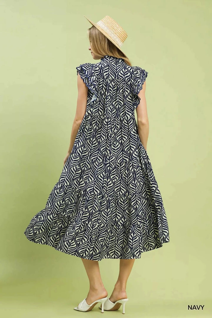 Navy Leaf Print V - Neck Tiered Midi Dress - Ruffle Detail Women&
