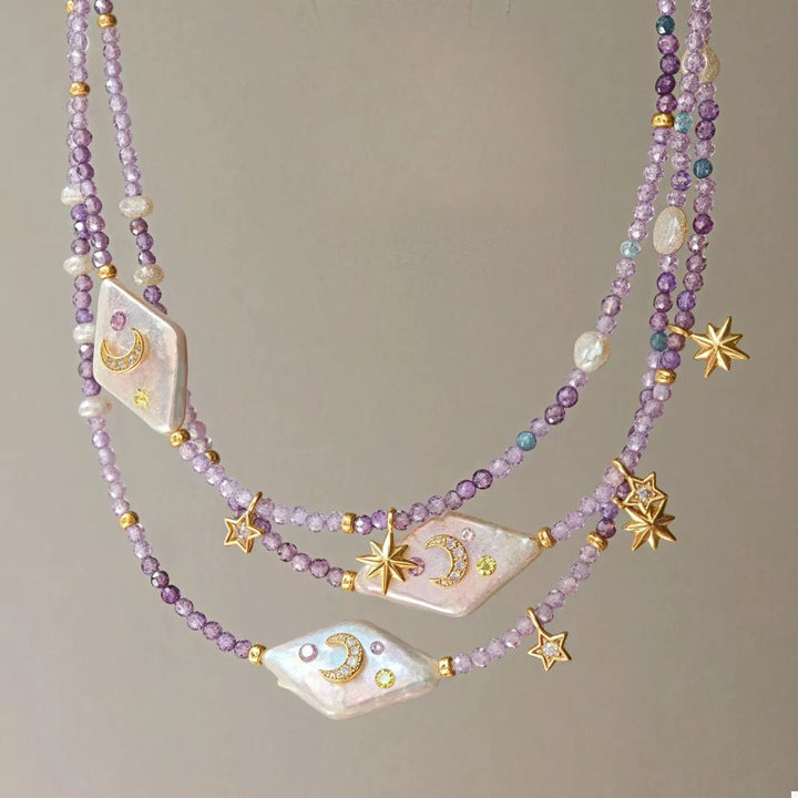 Necklace purple beaded pearl moon star gold plated charm - AMVIM