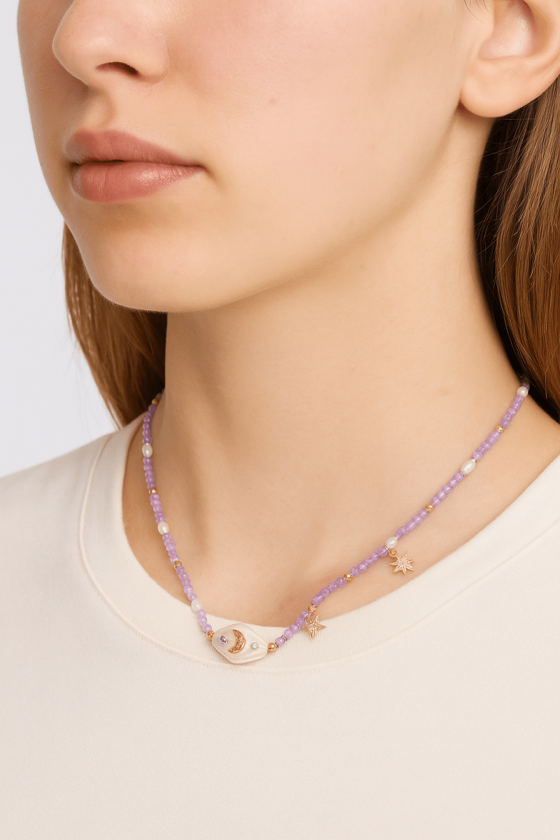 Necklace purple beaded pearl moon star gold plated charm - AMVIM
