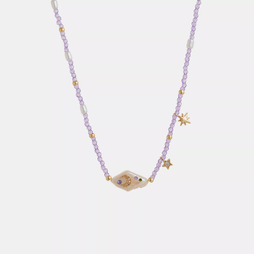 Necklace purple beaded pearl moon star gold plated charm - AMVIM