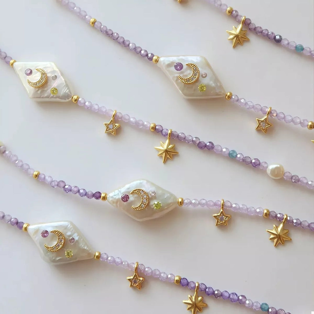 Necklace purple beaded pearl moon star gold plated charm - AMVIM