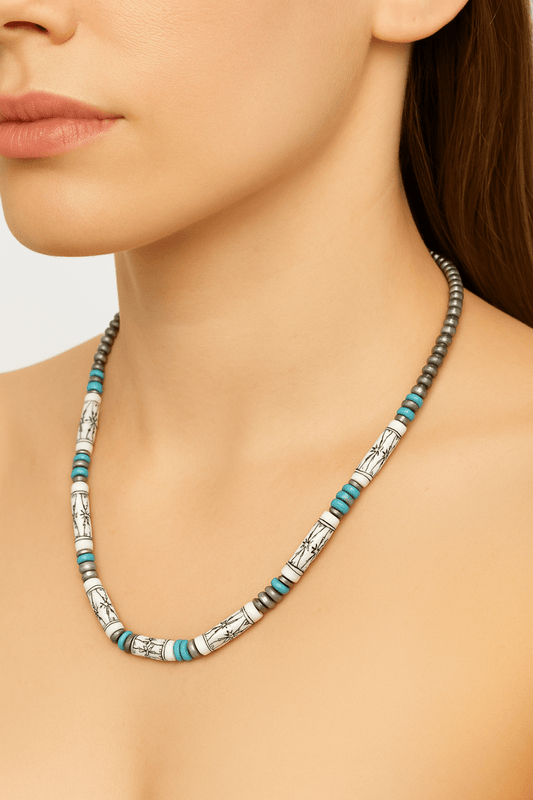 Necklace Western Navajo Barrel Beads Silver Turquoise - AMVIM
