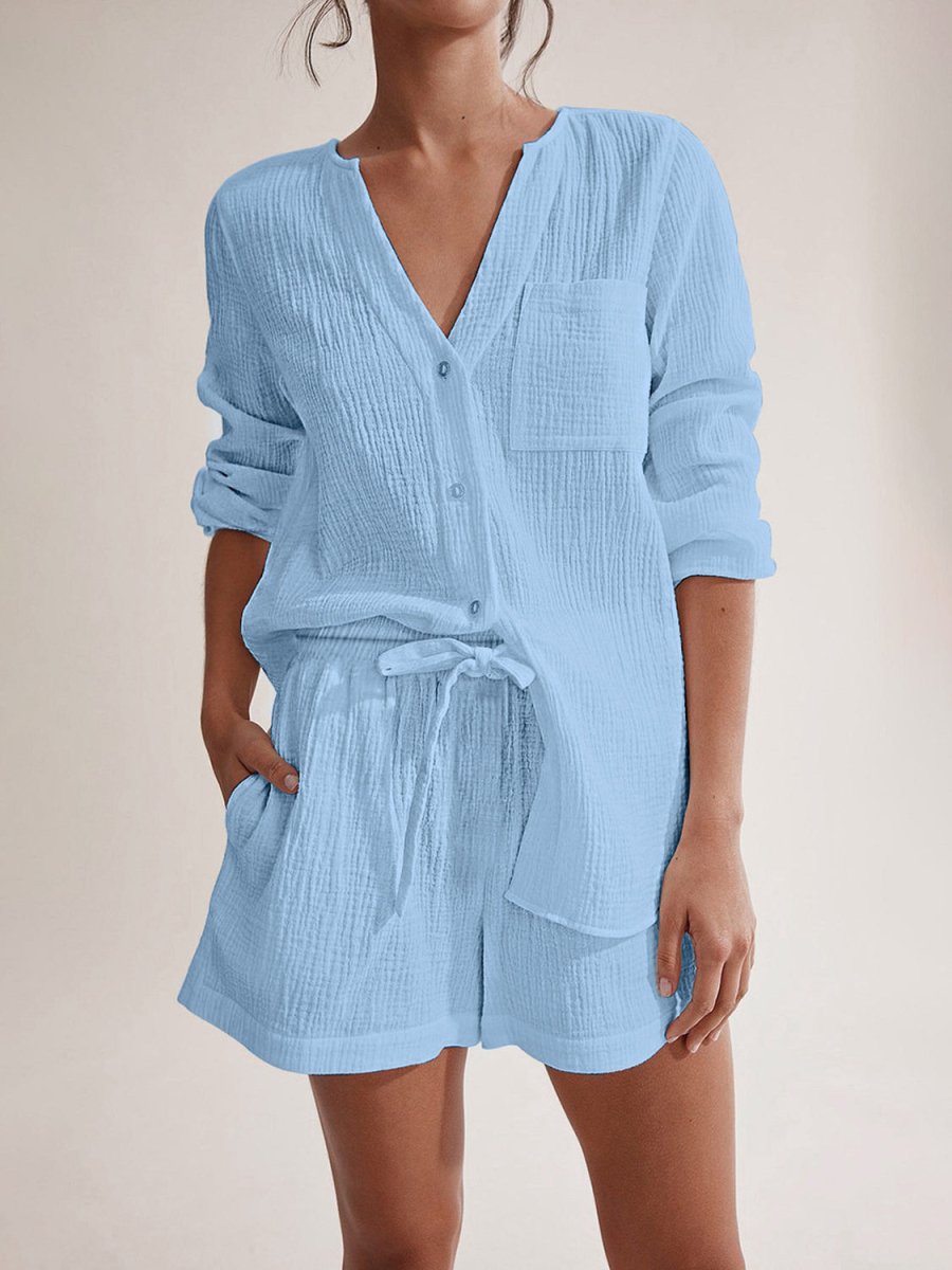 Notched Long Sleeve Top and Shorts Set - AMVIM