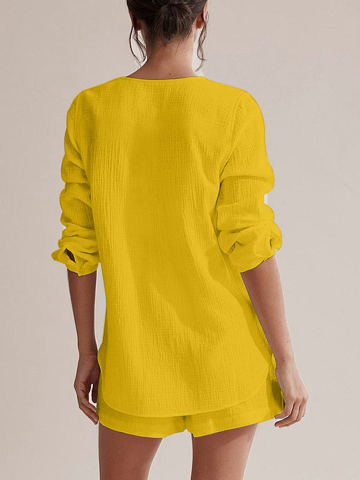 Notched Long Sleeve Top and Shorts Set - AMVIM