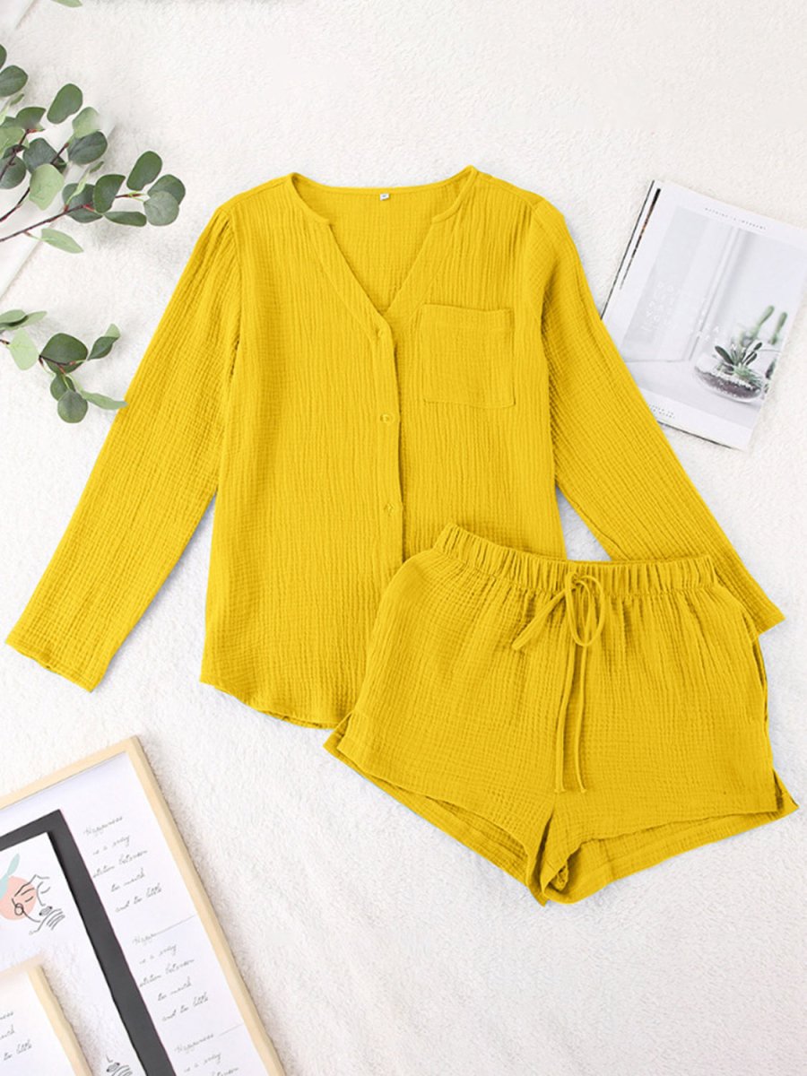 Notched Long Sleeve Top and Shorts Set - AMVIM