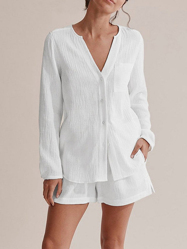 Notched Long Sleeve Top and Shorts Set - AMVIM