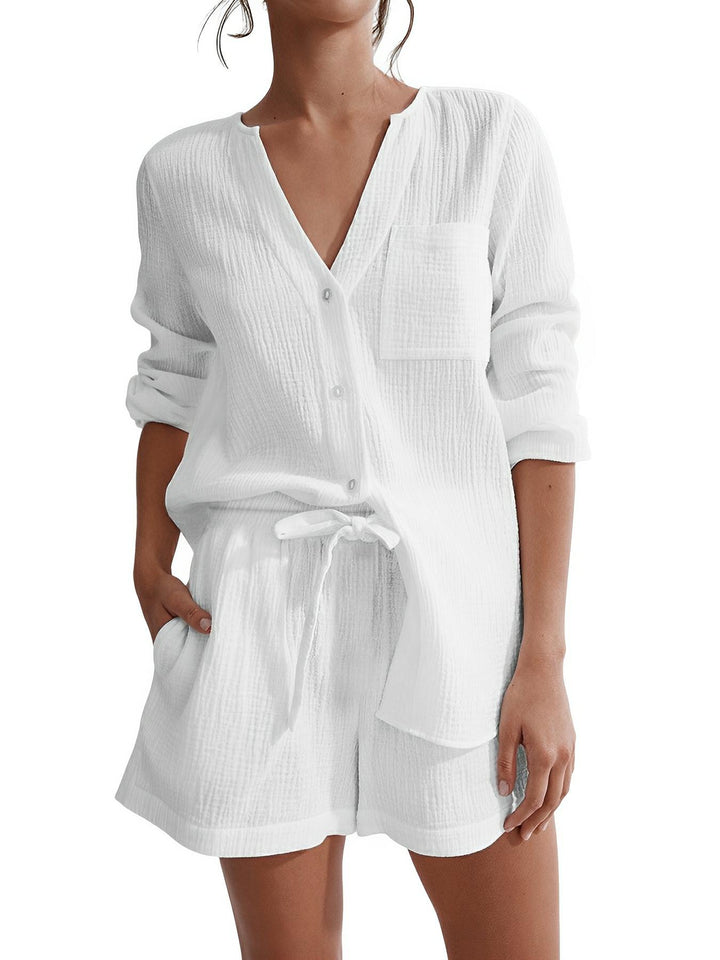 Notched Long Sleeve Top and Shorts Set - AMVIM