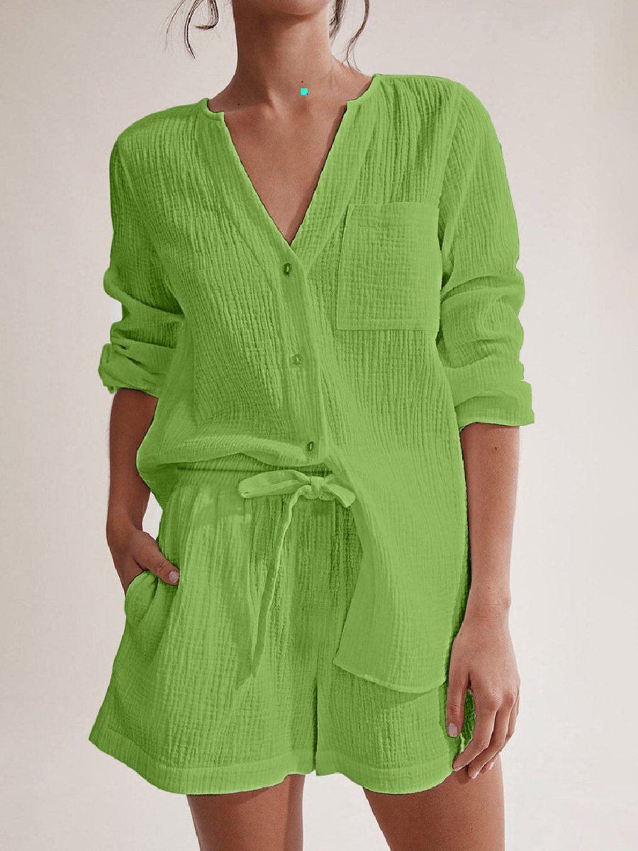 Notched Long Sleeve Top and Shorts Set - AMVIM