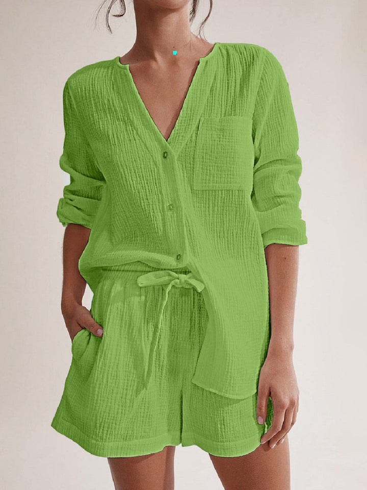 Notched Long Sleeve Top and Shorts Set - AMVIM