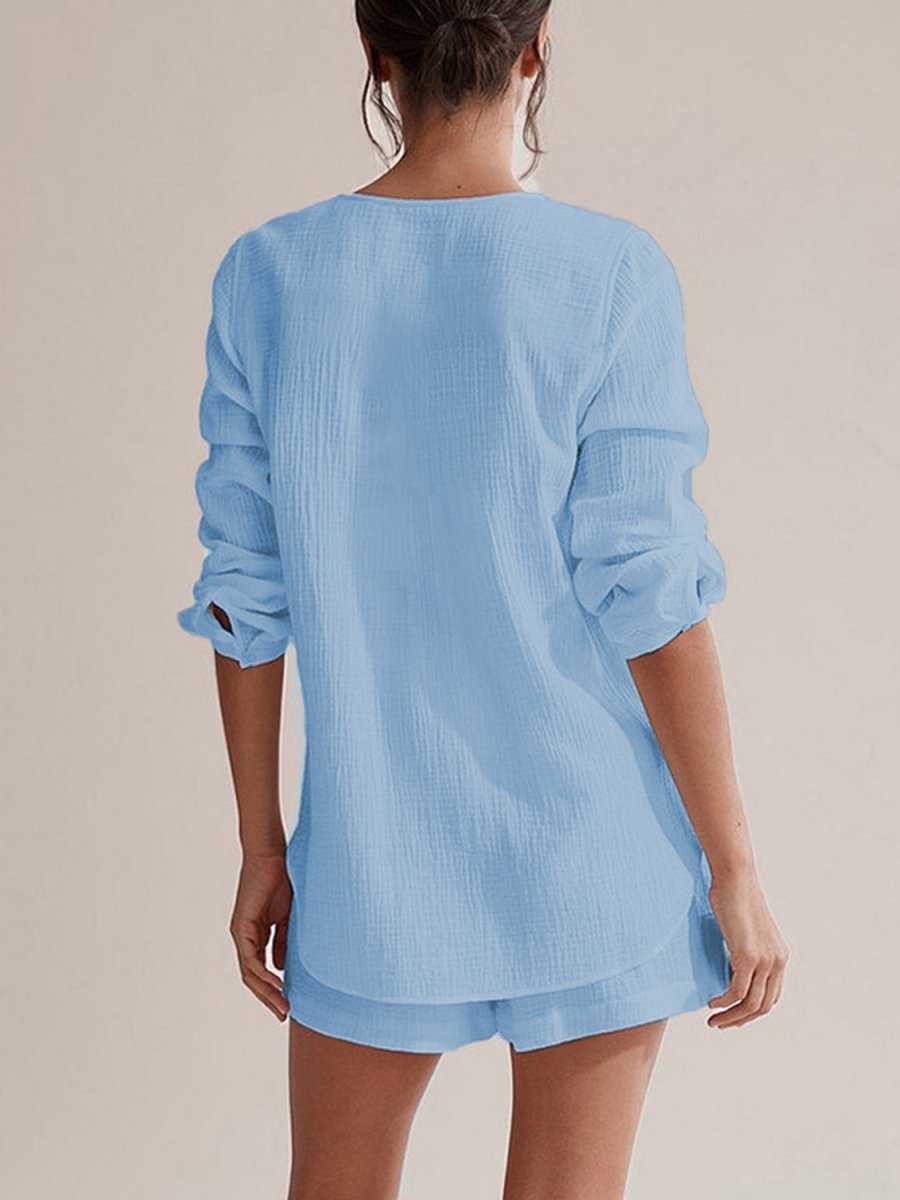 Notched Long Sleeve Top and Shorts Set - AMVIM