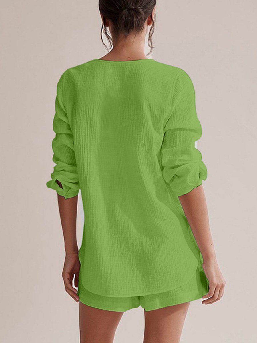Notched Long Sleeve Top and Shorts Set - AMVIM
